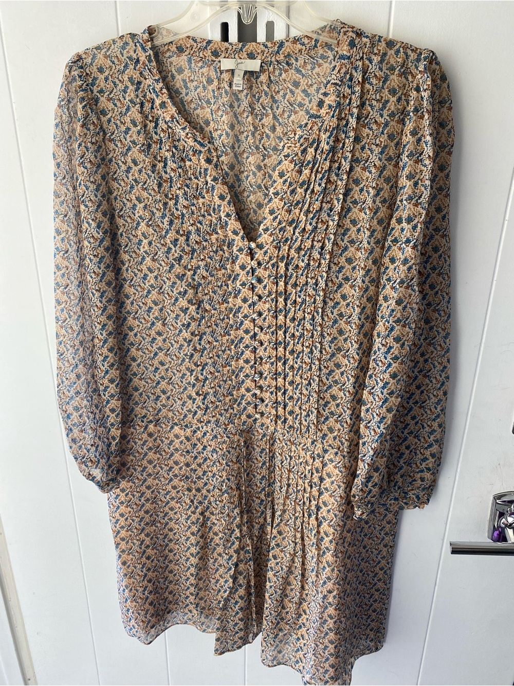 Printed V-Neck Long Sleeve Mini Dress - Beige Blue Joie size S silk